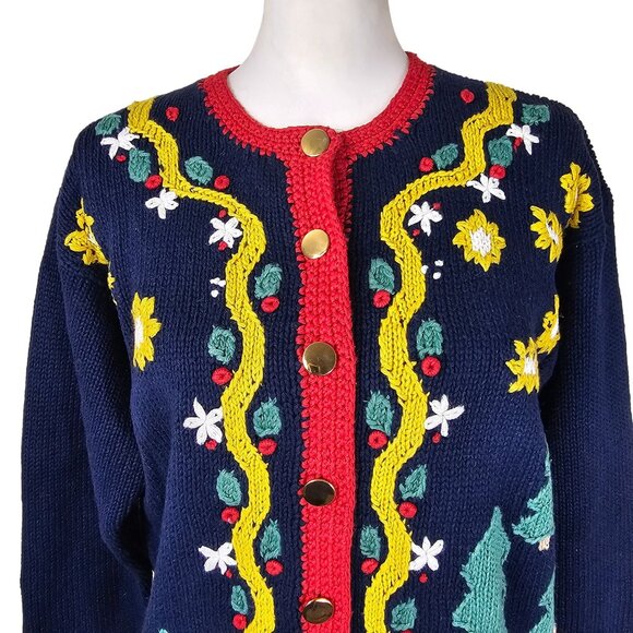 VTG 80s Orvis Embroidered Cardigan M Gold Button Christmas Holiday Festive Party - Picture 3 of 7